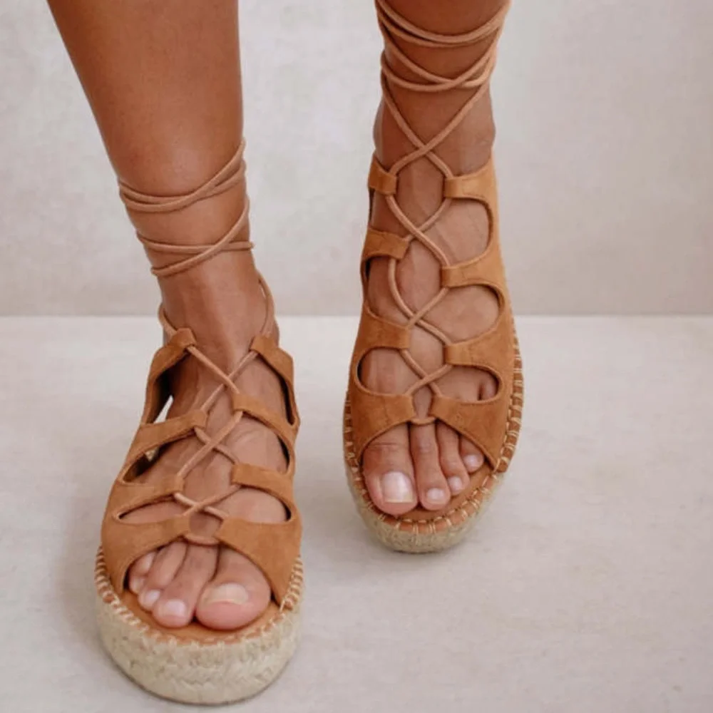 ALOHA’S Tan Camel Gladiator Leather Platform Lace-Up Wrap Espadrille Sandals